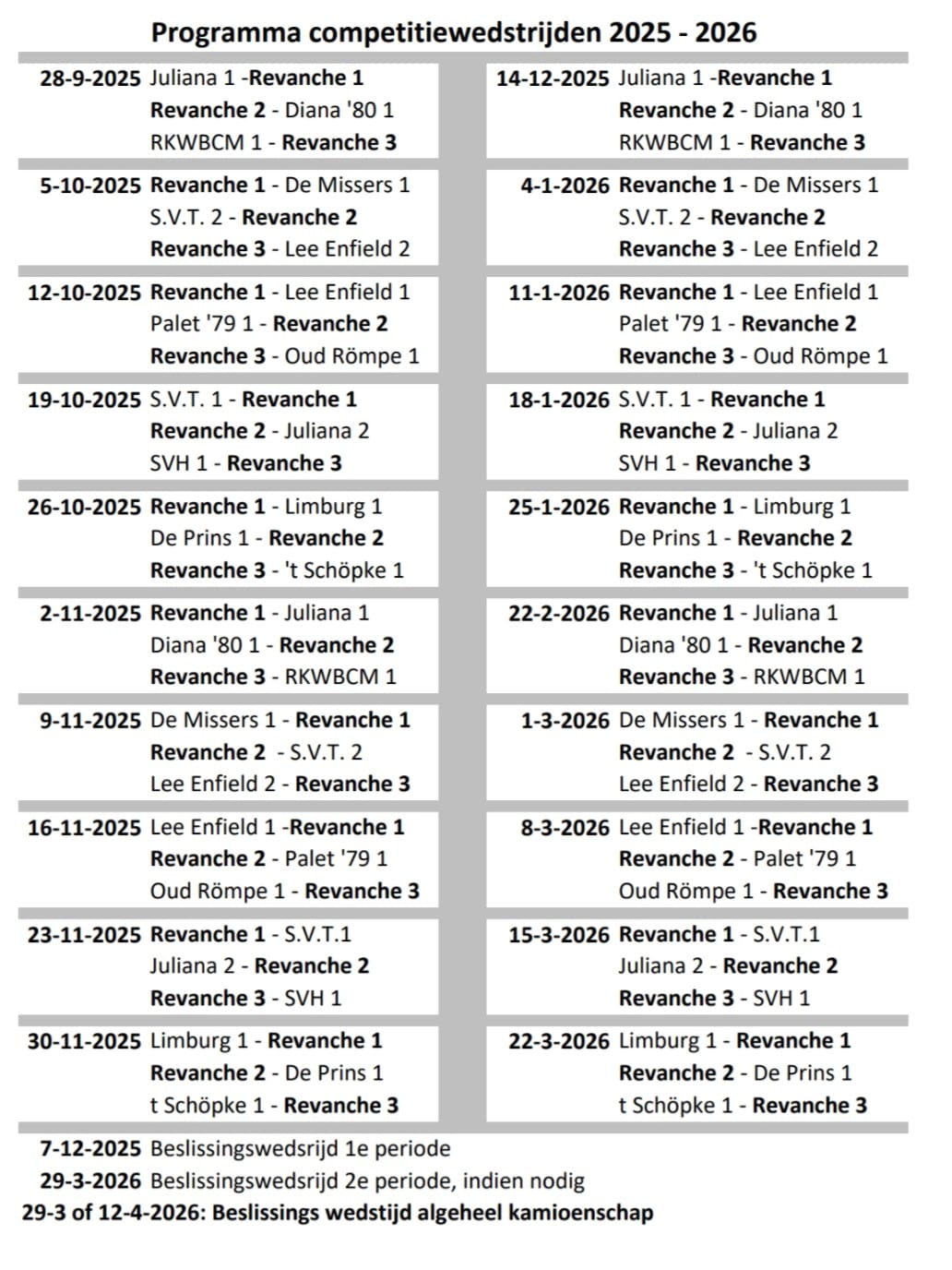 Programma SV Revanche seizoen